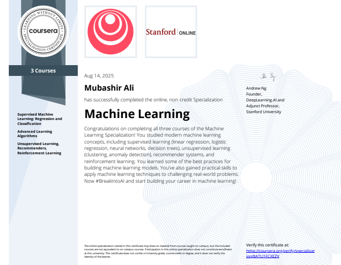 Machine Learning Specialization Certificate by Andrew Ng